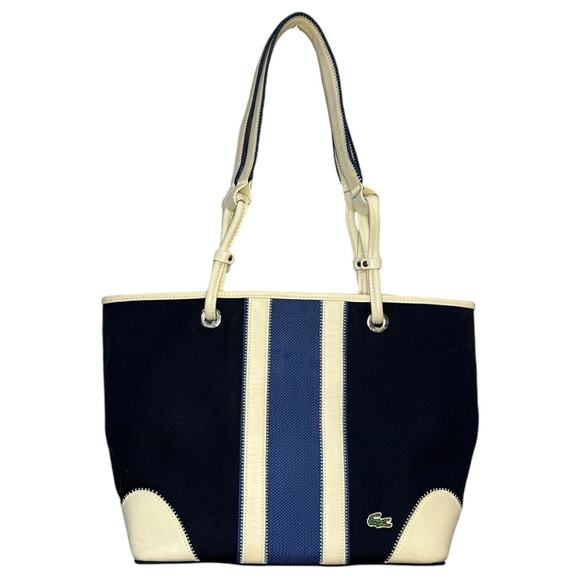 Lacoste Handbags - Lacoste Tote Boat Bag Women Leather Canvas Alligator Embroidered Logo Blue Cream